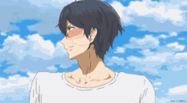 a man with black hair and a white shirt is standing in front of a blue sky .