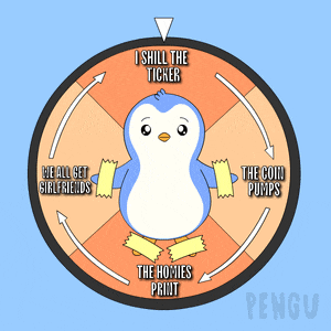a penguin is on a spinning wheel with the words i still the ticker written on it