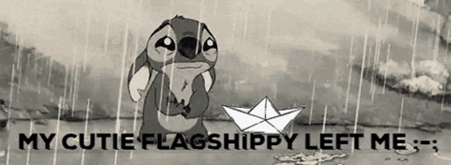 a cartoon of stitch crying in the rain next to a paper boat