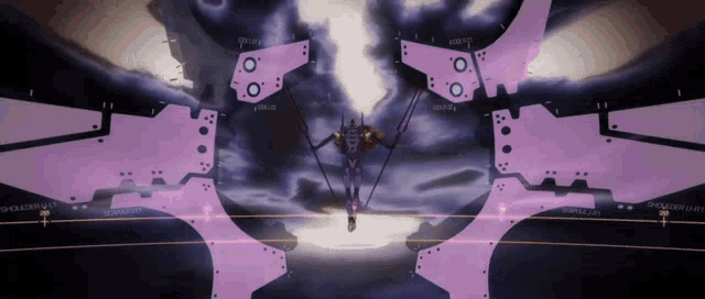 a purple robot is flying through a cloudy sky with a few purple pieces of metal