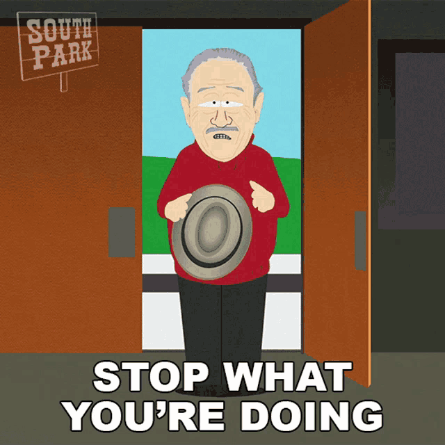 a cartoon of a man holding a hat and a sign that says south park