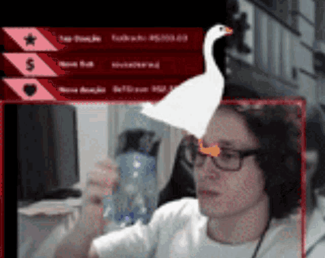 a man wearing glasses has a goose on top of his head