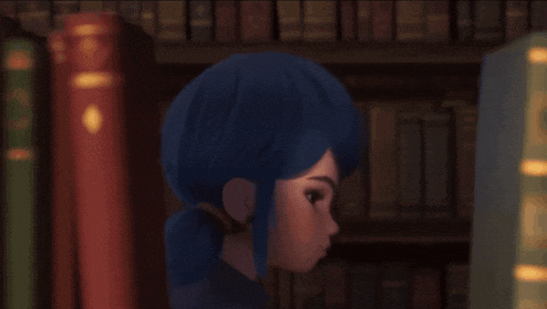 a cartoon girl with blue hair is standing in front of a bookshelf with books .