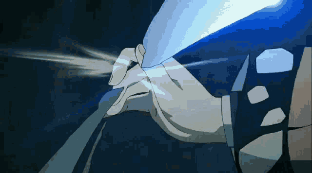 a person holding a sword with a blue light coming from it