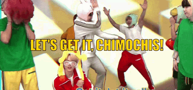 a group of people are dancing with the words let 's get it chimchis written above them