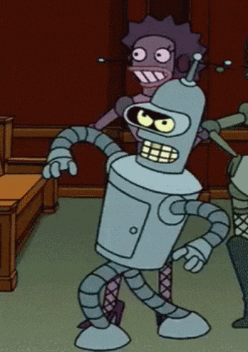 a cartoon of bender from futurama dancing with a woman behind him