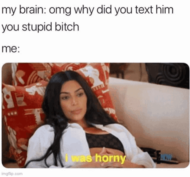 a woman is laying on a couch with a caption that says i was horny .