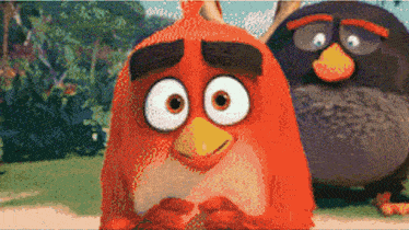 two angry birds are standing next to each other and one is red