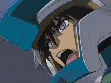 a cartoon character with purple eyes is wearing a blue helmet