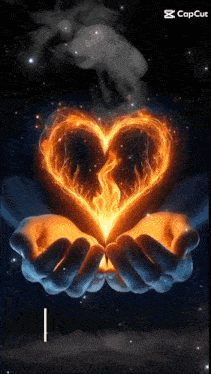 a person is holding a fire heart in their hands