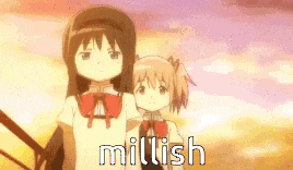 a couple of anime girls standing next to each other with the words millish written on the bottom