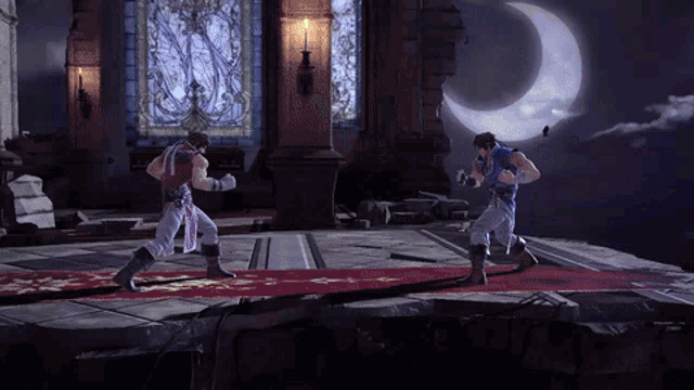two men are fighting in a video game with a crescent moon behind them