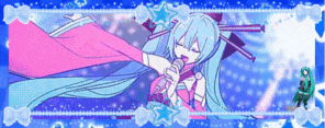 a girl with long blue hair is singing into a microphone on a blue background