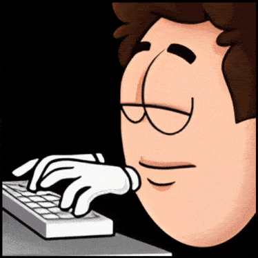a cartoon man is typing on a computer keyboard