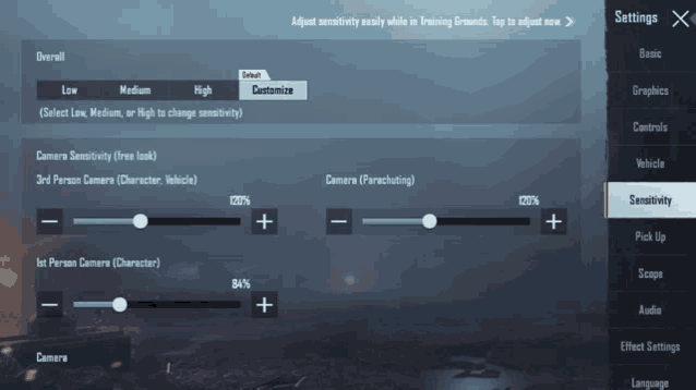 a screenshot of a video game shows the sensitivity options
