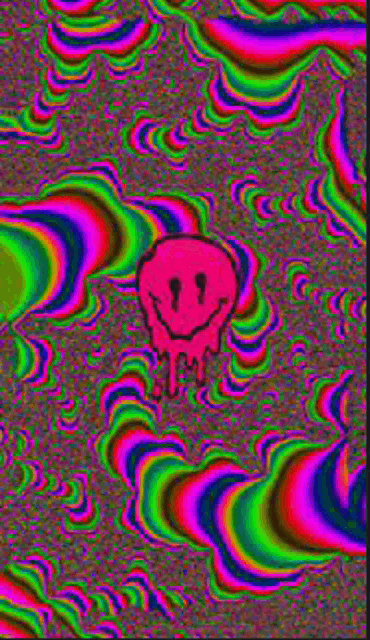 a pink dripping smiley face on a colorful background
