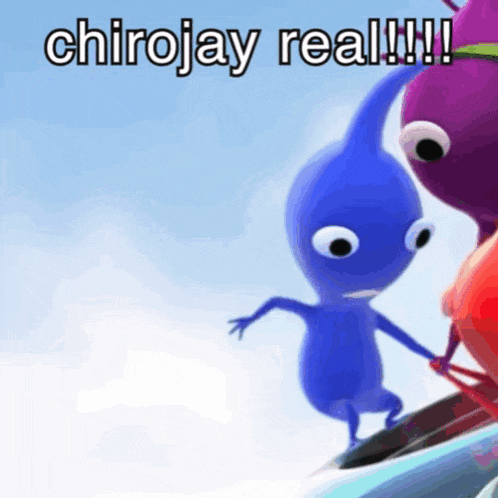 a blue and purple cartoon character with the words chirojay real written on it