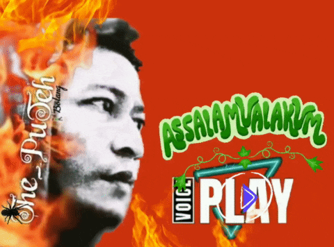 a picture of a man with fire behind him and the words voice play