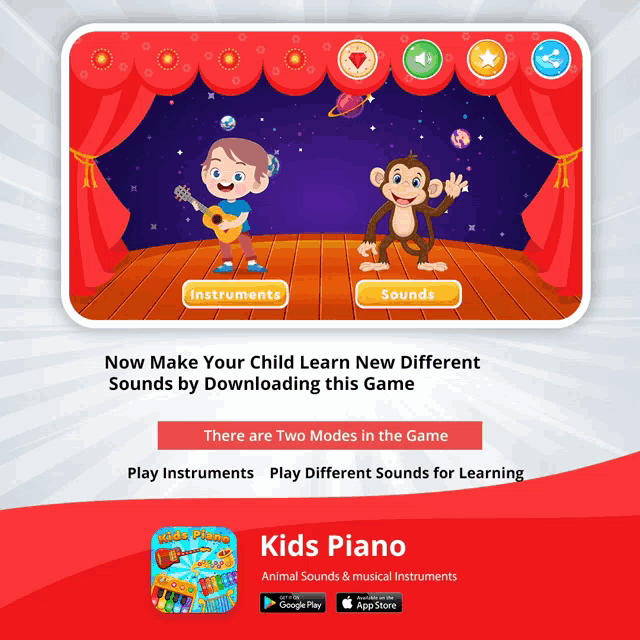 an advertisement for kids piano shows a boy and a monkey on stage