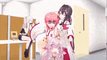 three anime girls are standing next to each other in a room .