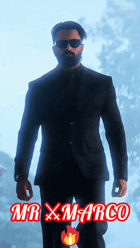 a man in a suit and sunglasses with the name mr x marco on the bottom
