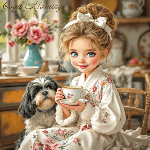 a little girl is holding a cup of coffee next to a dog and the words good morning are above her