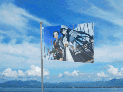 a flag with a picture of two samurai on it