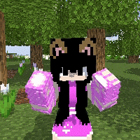 a girl in a pink dress with horns is in a minecraft world