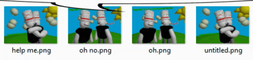 four pictures of a cartoon character with the words help me png oh no png and untitled png