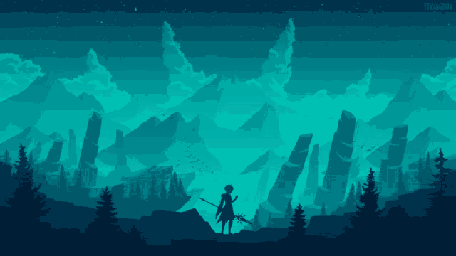 a silhouette of a man holding a sword in front of a mountain range