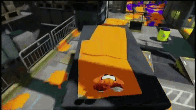 a cartoon character is laying on a bed in a room