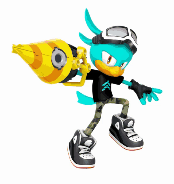 a sonic the hedgehog character is wearing a goggles and holding a rocket
