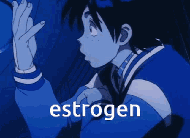 a boy in a blue jacket with the word estrogen above him