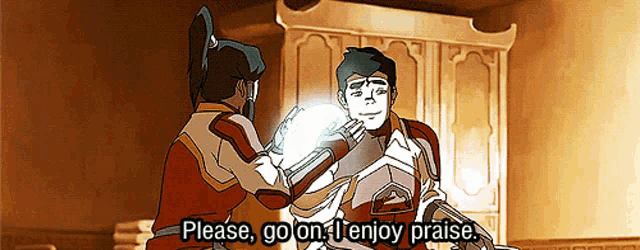 a cartoon of a man and a woman saying " please go on enjoy praise "
