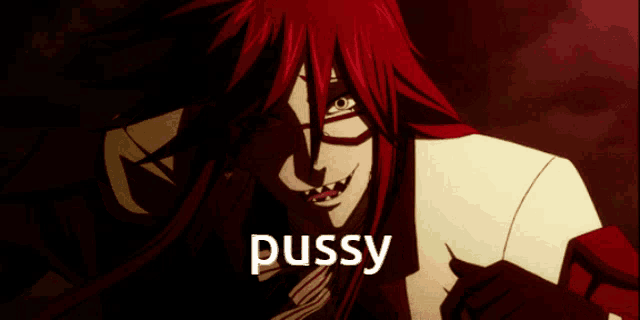 a red haired anime character with the word pussy on the bottom right