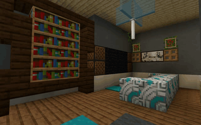 a bedroom in a video game with a bed and shelves of books
