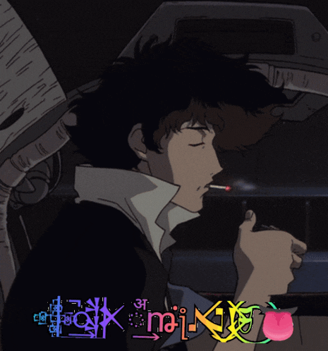 a picture of a man smoking a cigarette with the words cowboy bebop on the bottom