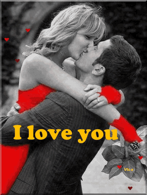 a black and white photo of a woman kissing a man with the words " i love you " on the bottom