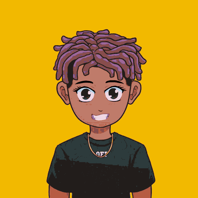 a cartoon drawing of a person with purple hair