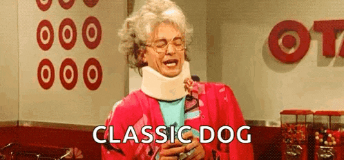 a woman wearing a neck brace and a pink jacket is standing in front of a sign that says classic dog .