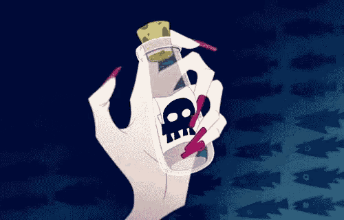 a woman 's hand with long nails is holding a bottle of liquid with a skull on it .