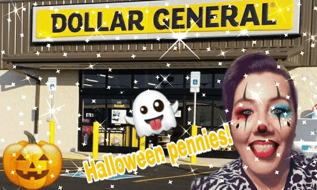 a woman in a clown costume is in front of a dollar general store