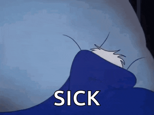 a cartoon character is laying under a blue blanket and the word sick is on the bottom