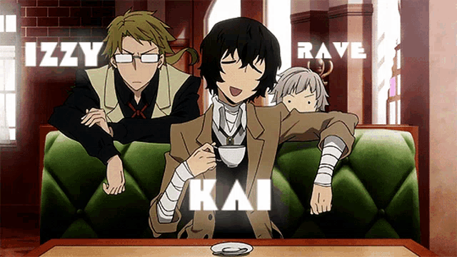a group of anime characters are sitting at a table with the name kai written on the table