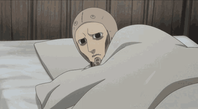 a man in a black turtleneck stands in front of a woman in a bed