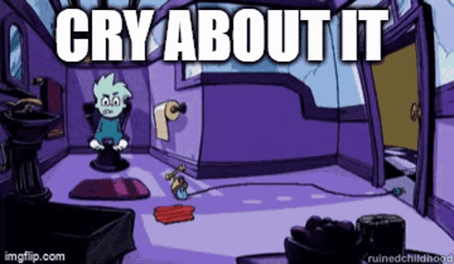 a cartoon of a boy in a barber chair with the words cry about it above him