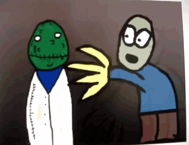 a cartoon of a man and a green monster