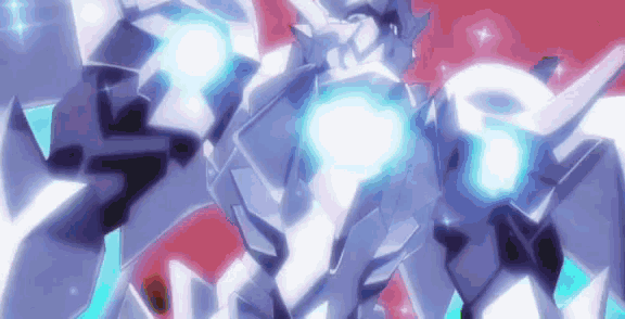 a close up of a cartoon character with a blue light coming out of it 's chest .