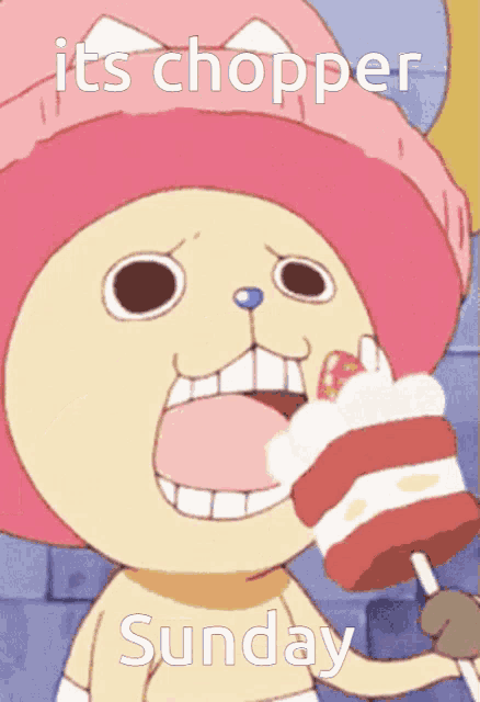 a cartoon character eating a cake with the words its chopper sunday below it