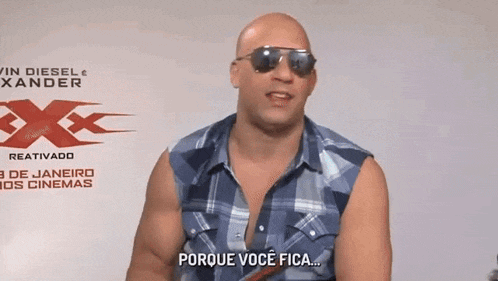 a bald man wearing sunglasses and a plaid shirt says porque você fica ..